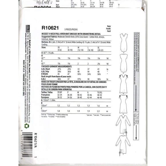 McCall's R10621 Misses XS to XL Knit Dress With Drawstring Uncut Sewing Pattern - Picture 2 of 2